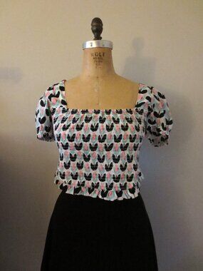 Smak Parlour Black & Pink Tulip Print Cotton Crop Top - NWOT